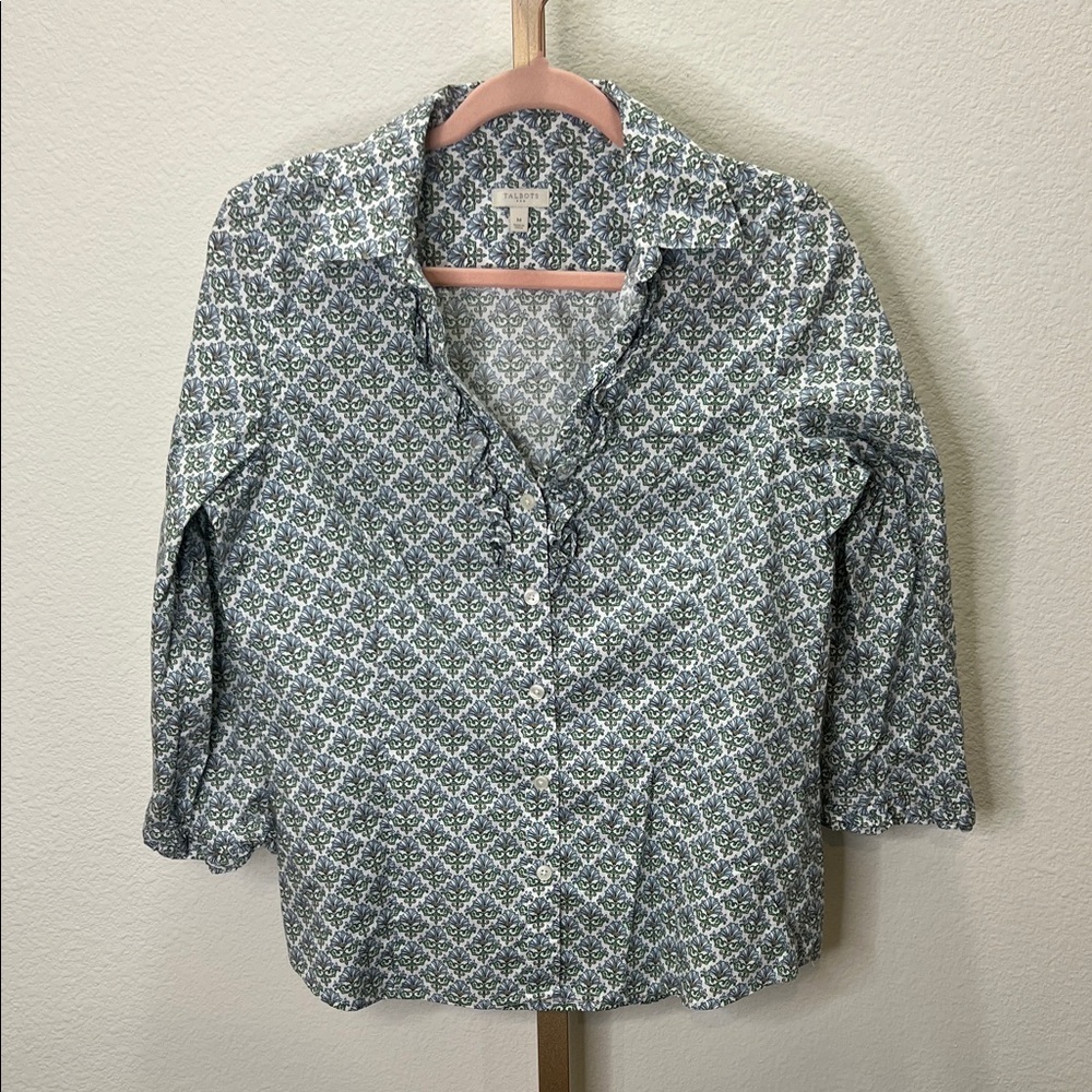 Talbots Blouse button down 3/4 sleeve floral ruffle White Blue Green Medium
